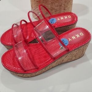 Dkny elsa Red Doubke Clear  straps   Cork wedge sandals New